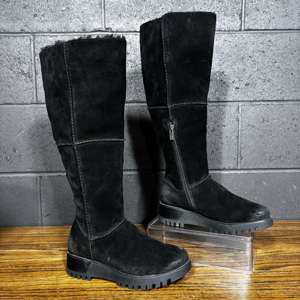 Bionica Black Suede Shearling Knee High Lug Sole Winter Boots Women’s 7.5